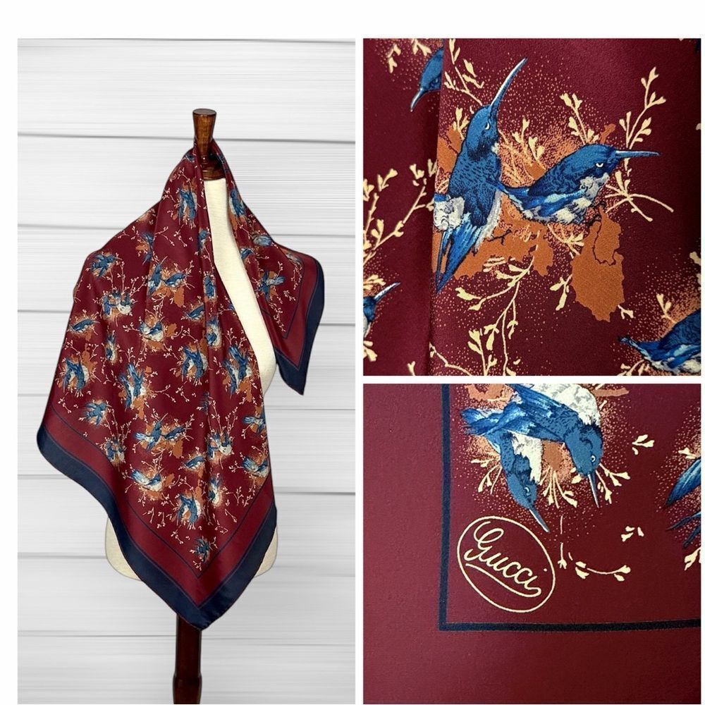 Gucci Silk Scarf Maroon Blue Bird Print Vintage Script Logo 33x33"